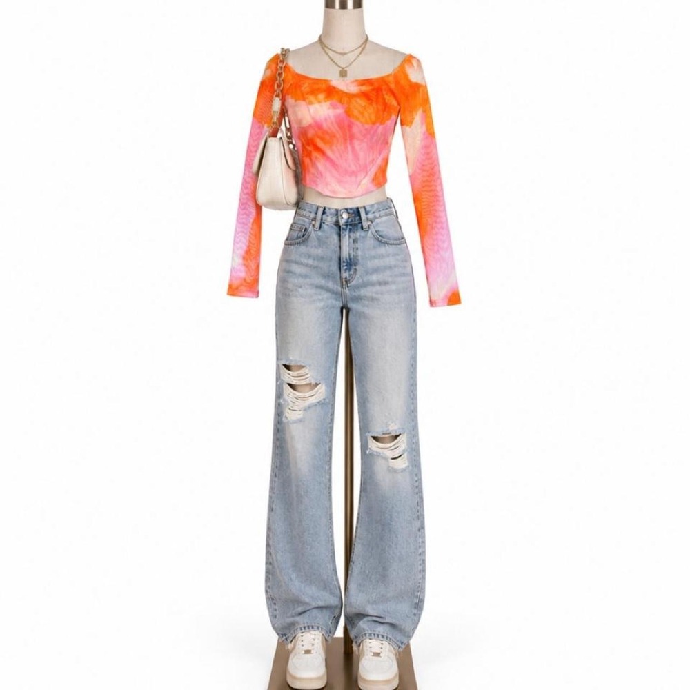Tiger Mist Orange & Pink Abstract Mesh Long Sleeve Corset Top XS